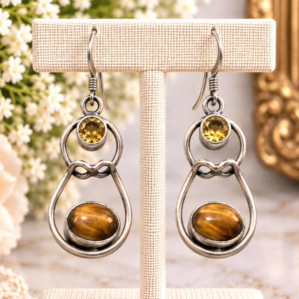 Sterling Silver 925 Tiger's Eye & Citrine Drop Dangle Earrings Gemstone